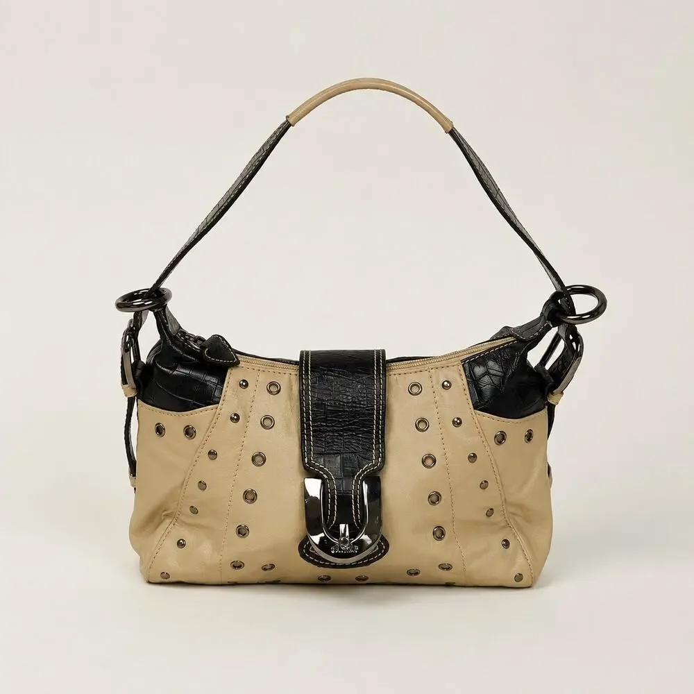 Vintage Y2K Sharif Studio Studded Shoulder Bag Beige Black PVC Leather Trim